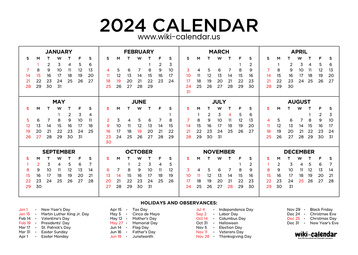 Calendar 2024 Year Printable with Holidays